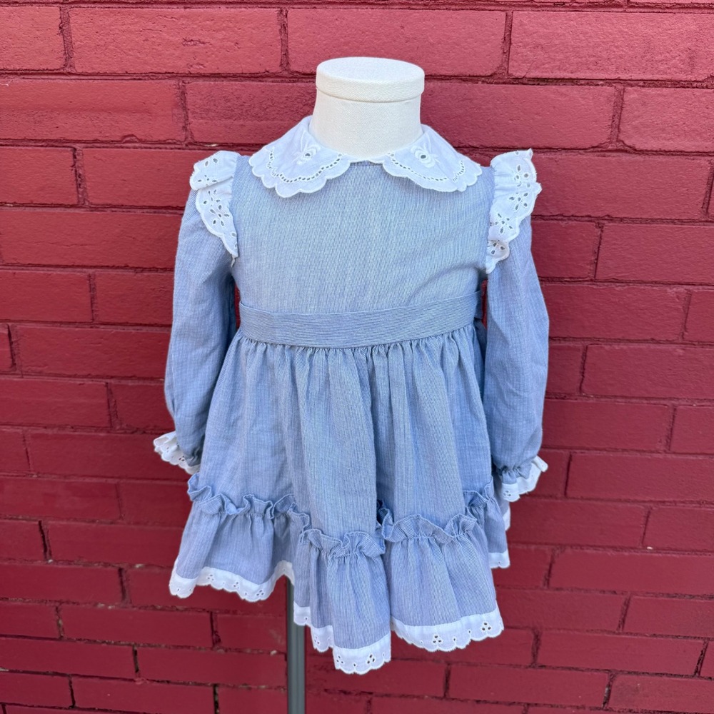 Vtg Bryan Kids Girls Blue Stripe Eyelet Collar Ruffle Dress Size 2T